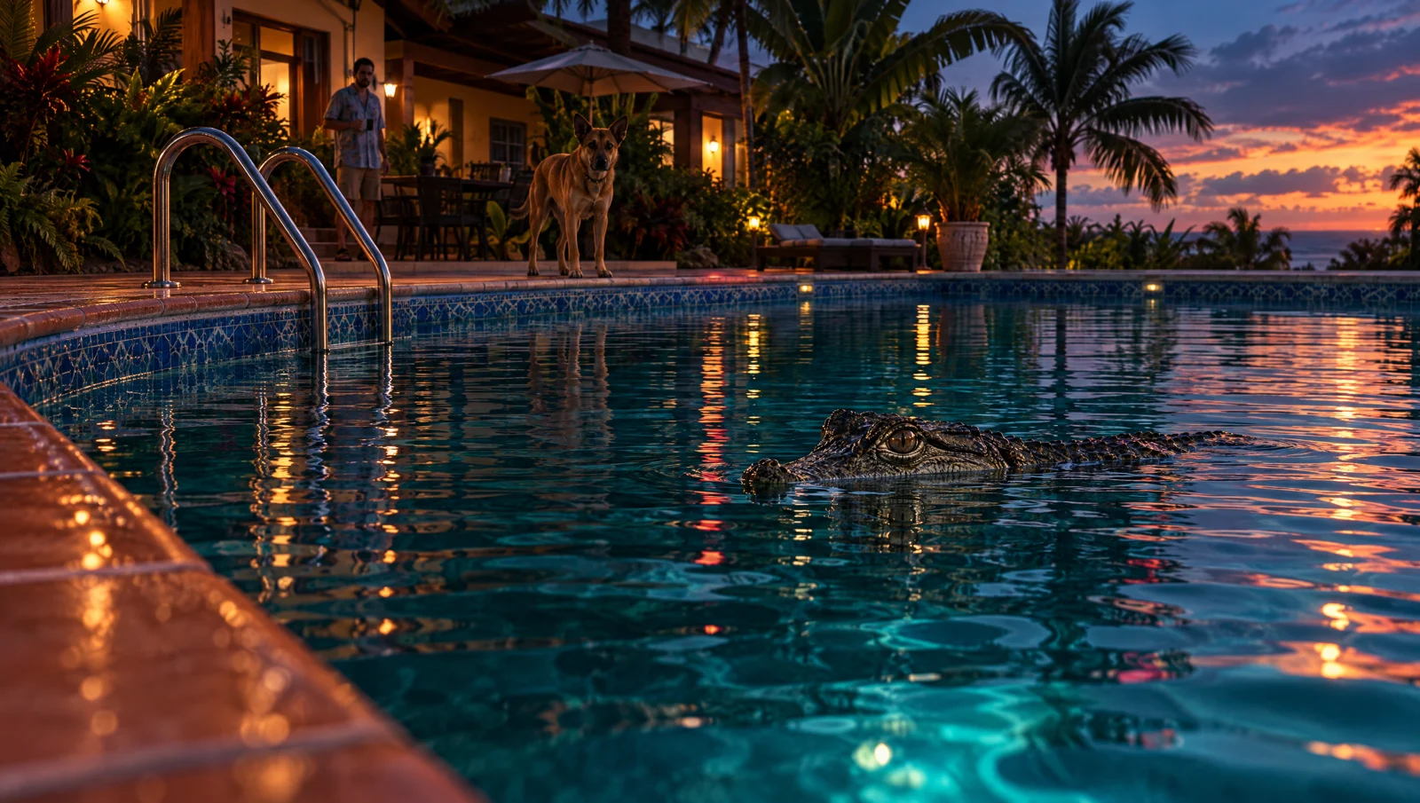 Recreación de un perro y su dueño en el borde de una piscina donde hay un caimán