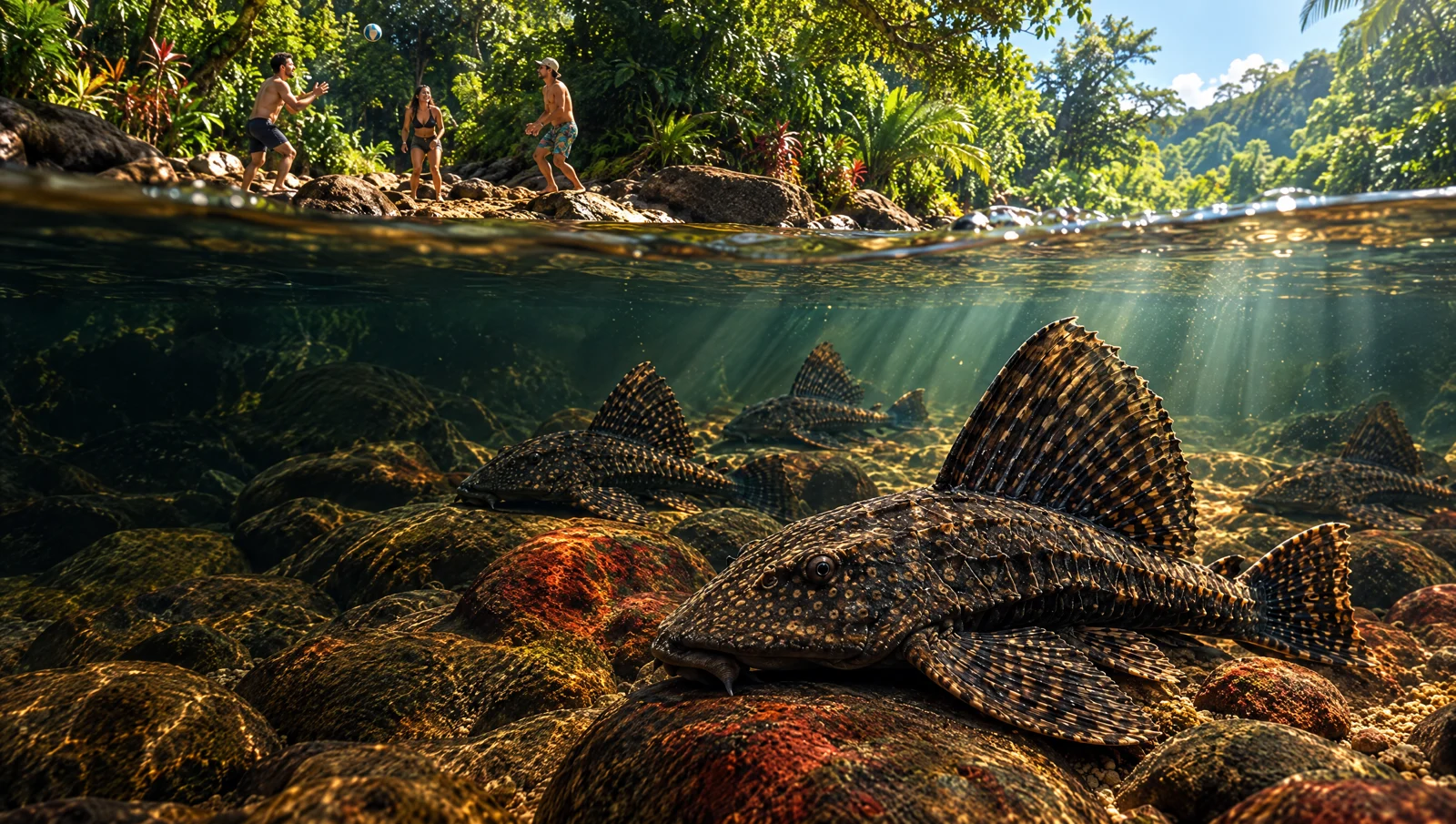 Recreación de personas en la orilla de un río y peces pleco bajo la superficie